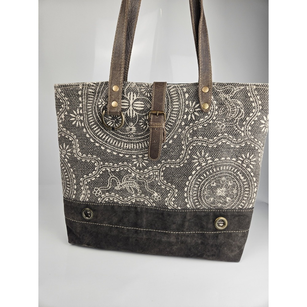 Myra Weekender Brown/Grey Cream Bag Tote‎ Travel Canvas Leather Straps Carryall